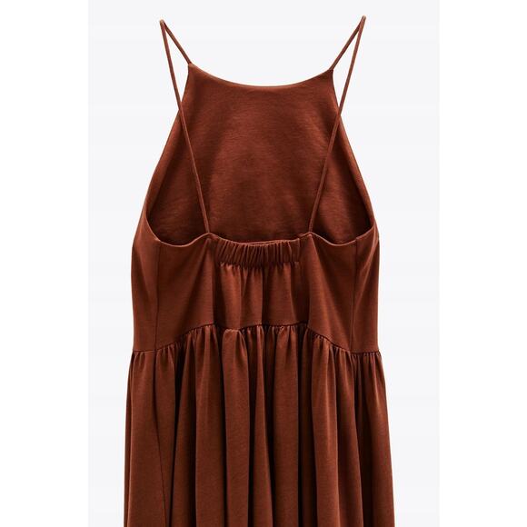Zara Tiered Cotton Maxi Dress Terracotta Brick Backless Spaghetti Strap Midaxi - Picture 5 of 10